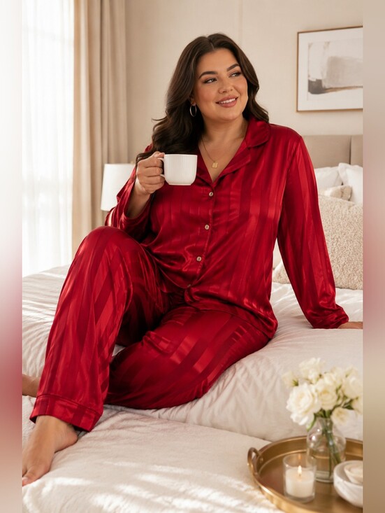 lilac + london Other - NWT Lilac + London Crimson Satin Stripe Pajama Set XXL | Luxe Button Front Top &
